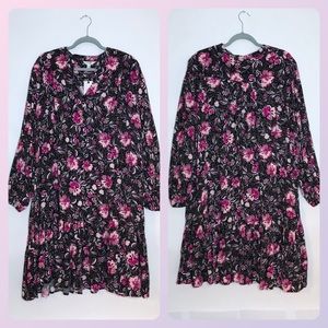 TERRA & SKY dress in black, pink, purple floral pattern with ruffled fla…